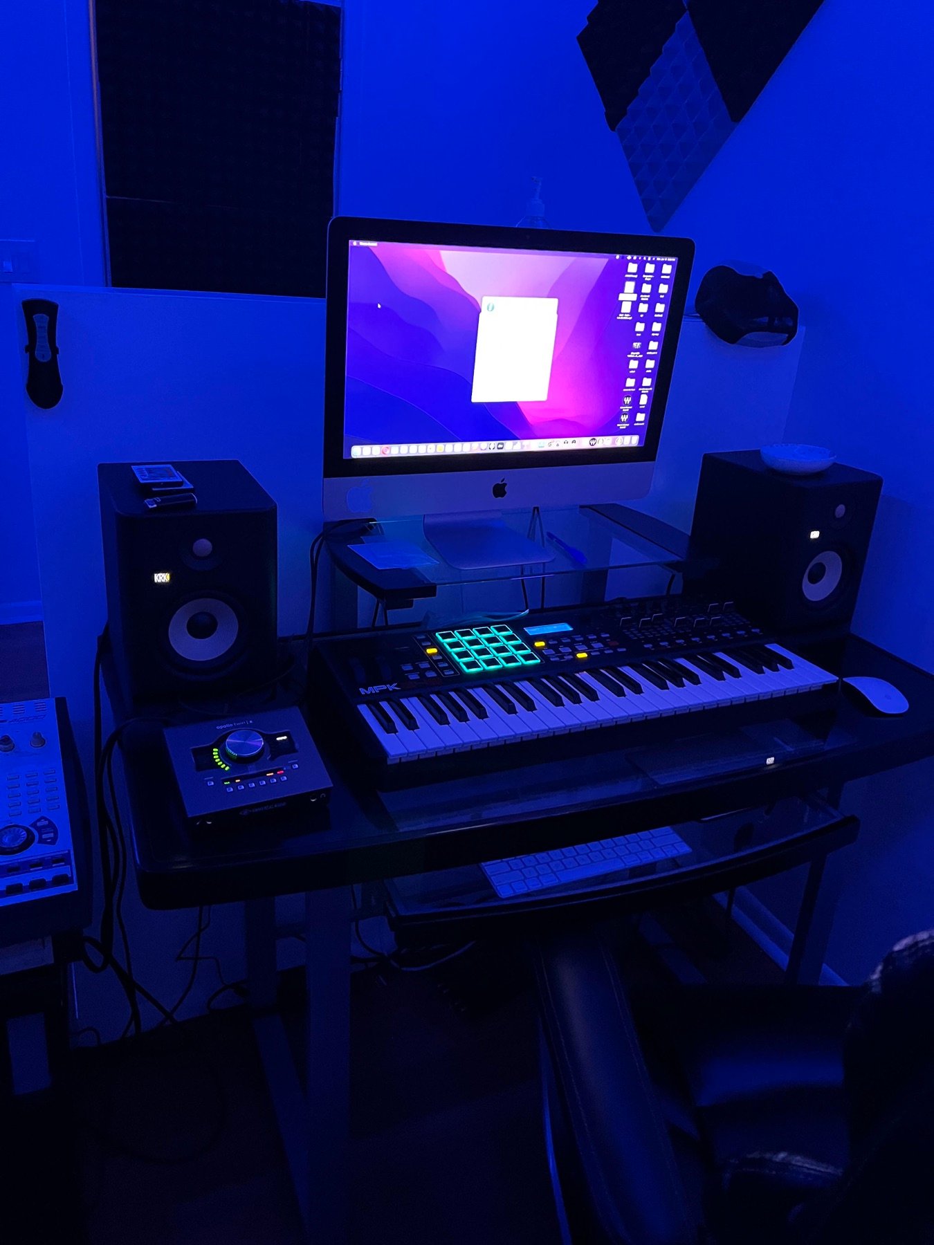 Blue-lit Brook-Lyfe recording studio